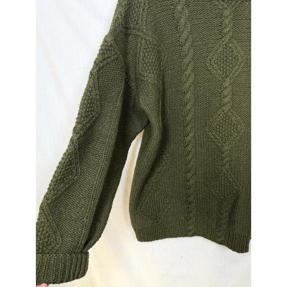 VTG Hand Knit Shetland Wool Cable Knit Turtleneck Sweater Womens M‎ Green Chunky